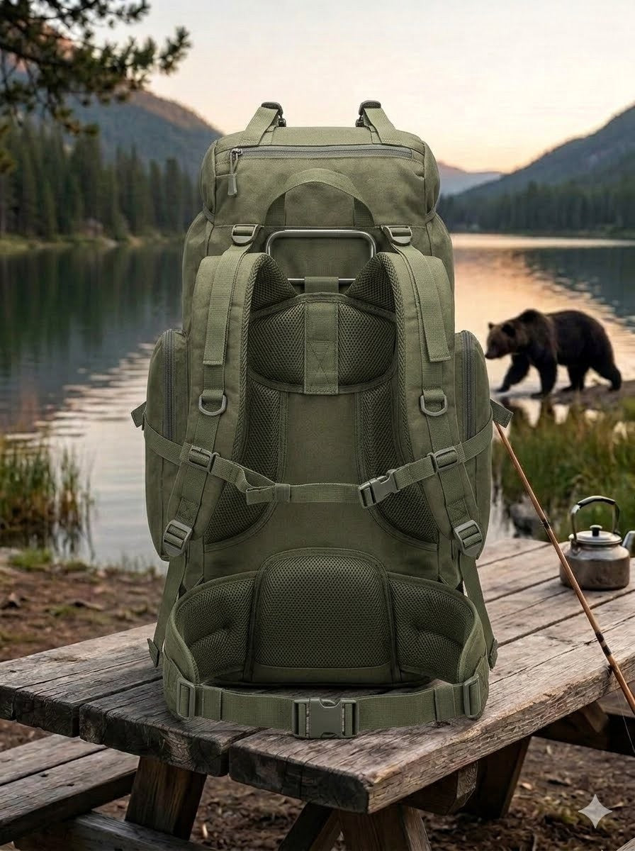 Green backpack on a wooden bench by a lake with a bear in the background