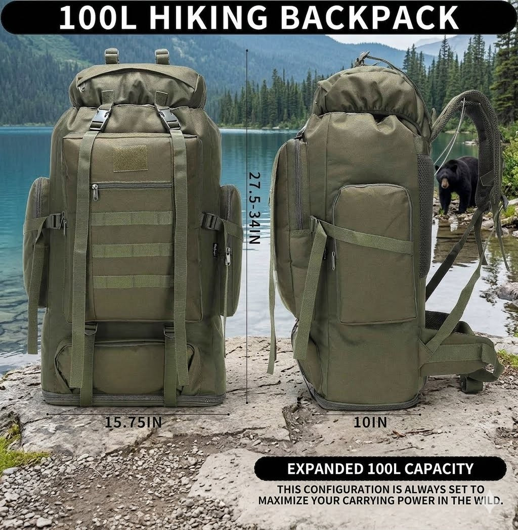 100L hiking backpack shown from front and side views with measurements and outdoor setting.