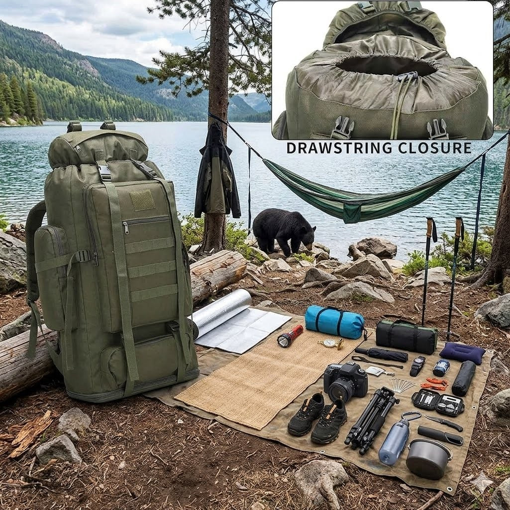 Green backpack and camping gear set up by a lake with a bear in the background