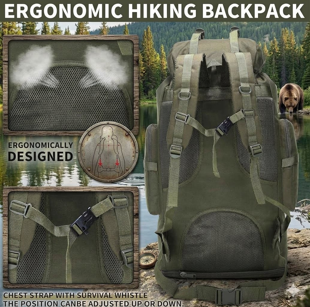 Ergonomic hiking backpack with features highlighted against a natural background.