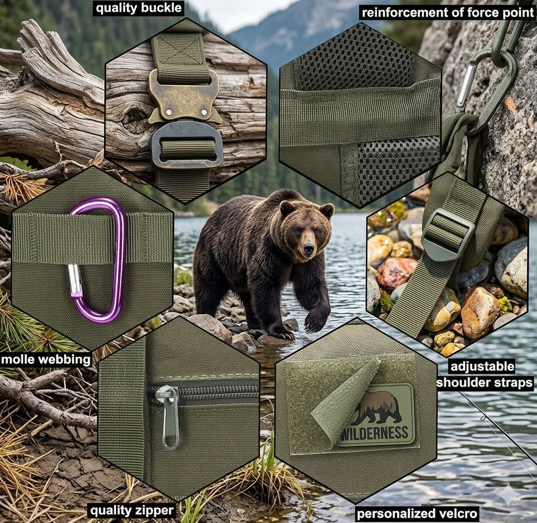 Collage of green outdoor bag features with bear in nature setting