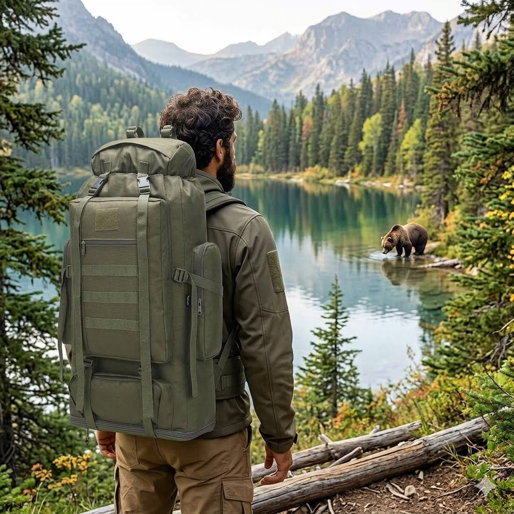 Person with a large green backpack looking at a bear by a lake in a forest
