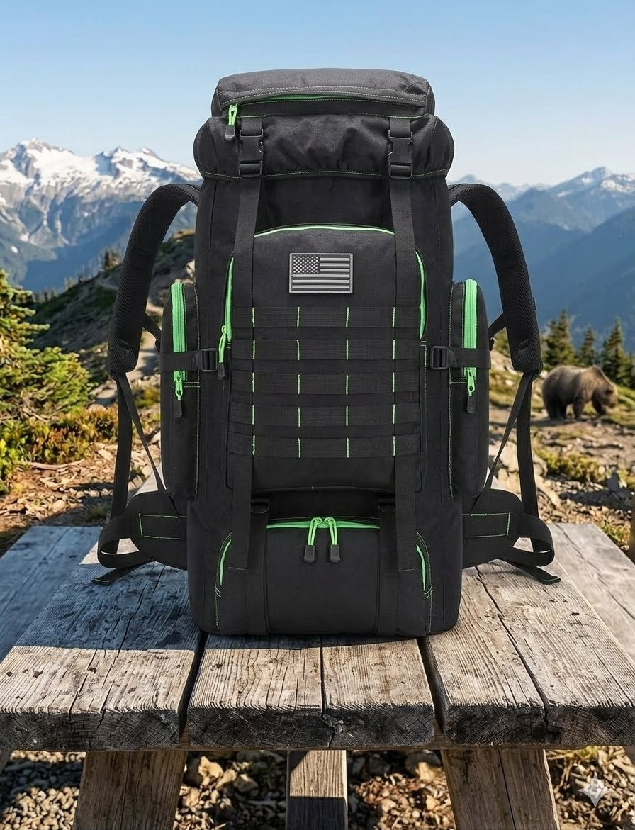 Black backpack with green accents on a wooden bench with mountains in the background