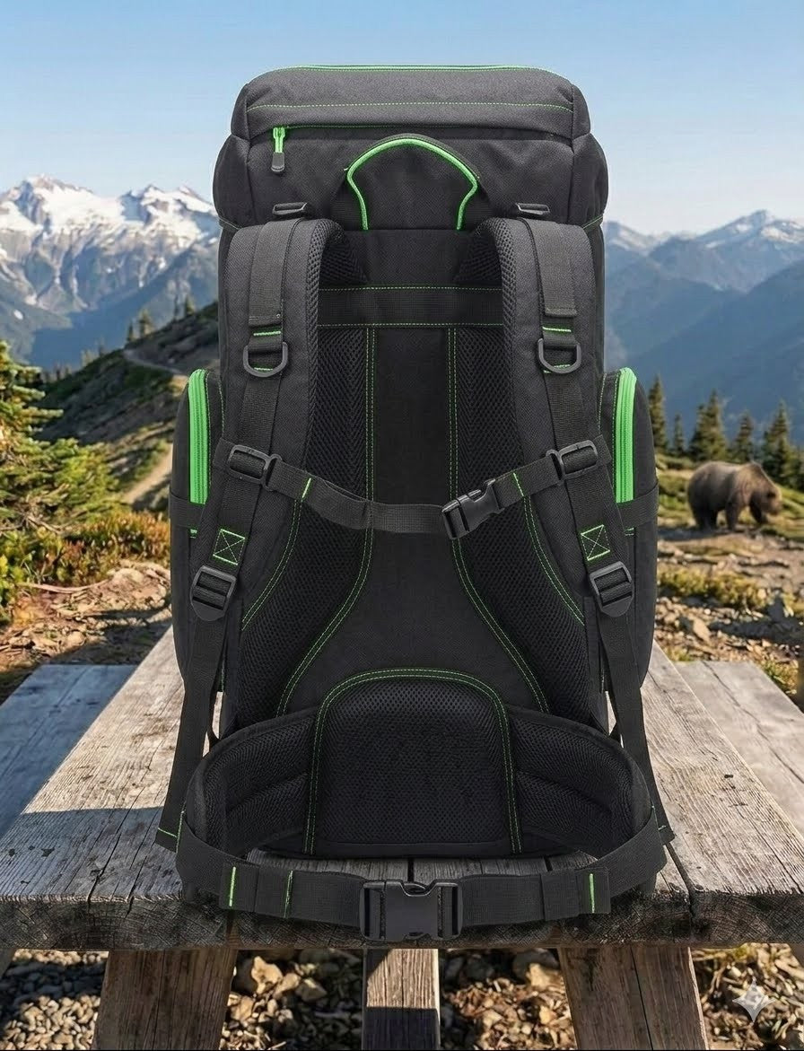 Black hiking backpack with green accents on a wooden bench with mountains and a bear in the background