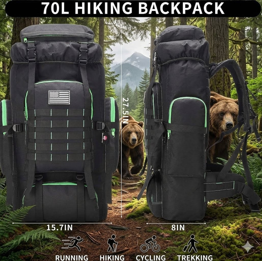 Black hiking backpack with green accents in a forest setting, showing bear interaction and dimensions.