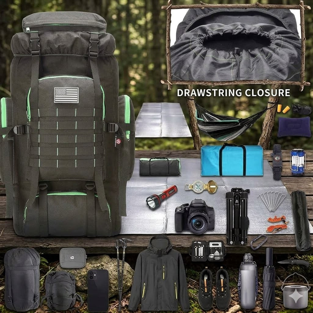 Collection of outdoor gear including a backpack, hammock, and camping equipment on a wooden surface with a forest background.