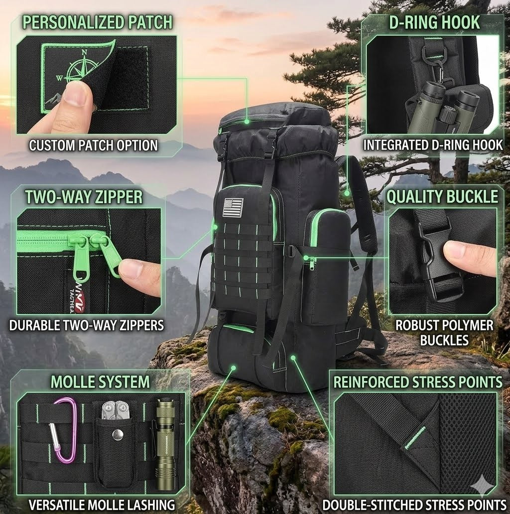 Black backpack with features highlighted on a mountainous background