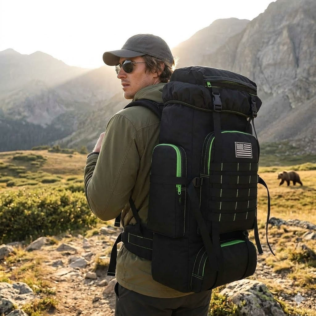 Man with a large black backpack in a mountainous landscape with a bear in the background.