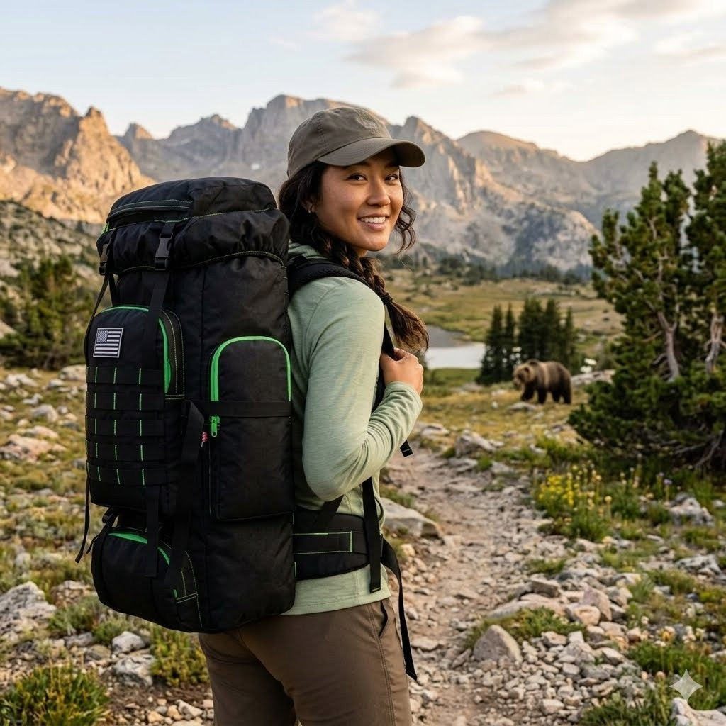Person with a large black backpack in a mountainous landscape with a bear in the background