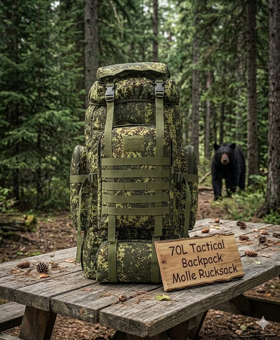 Camouflage tactical backpack on a wooden table in a forest with a bear in the background