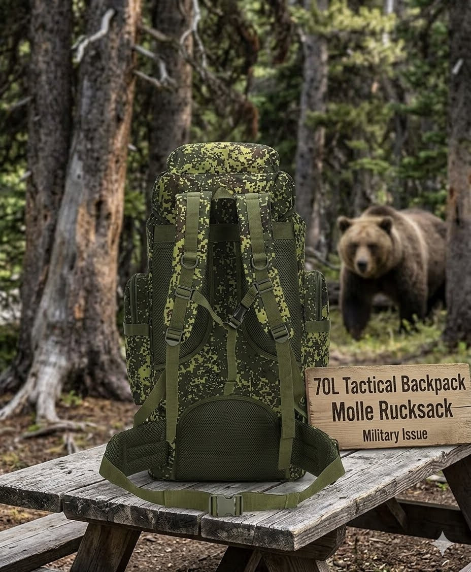 Green tactical backpack on a wooden bench with a bear in the background