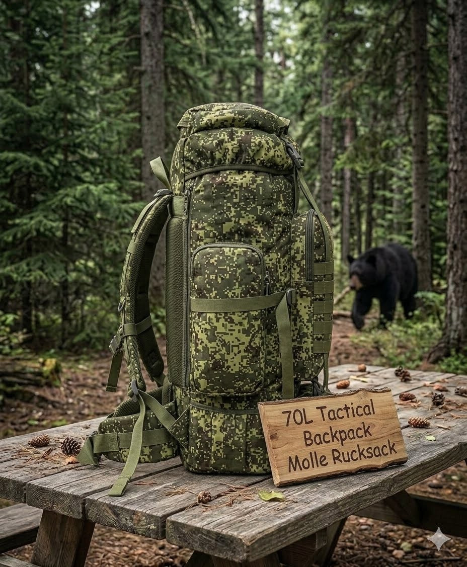 Camouflage backpack on a wooden table in a forest with a bear in the background