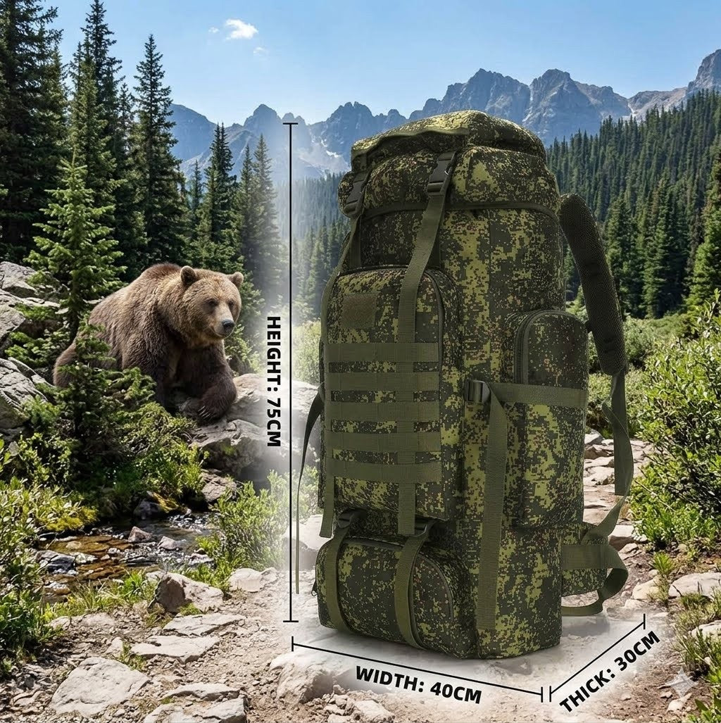 Camouflage backpack with measurements in a forest setting with a bear.