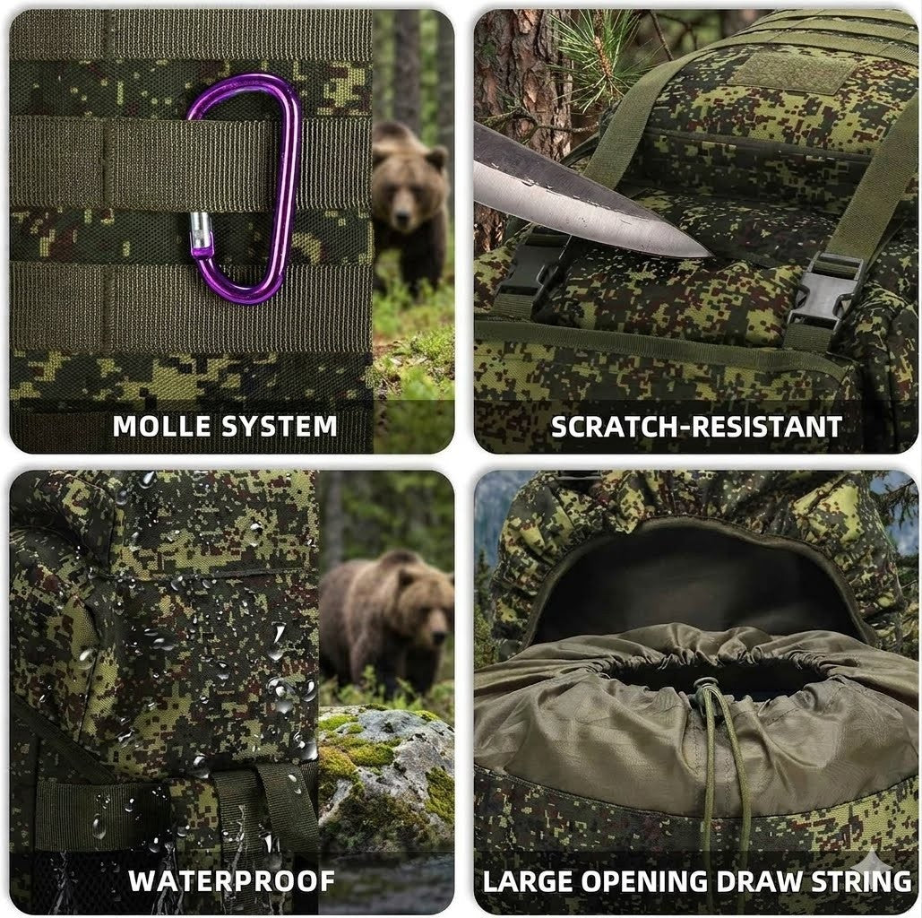 Collage of a camouflage bag with features highlighted, including Molle system, scratch-resistance, waterproofness, and large opening drawstring.