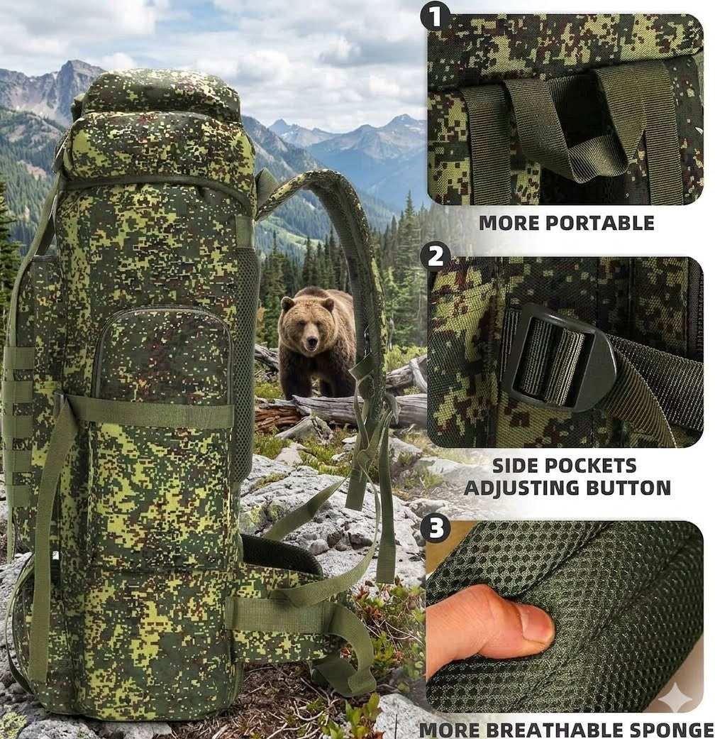 Camouflage backpack with bear in the background, highlighting features like side pockets and adjustable straps.