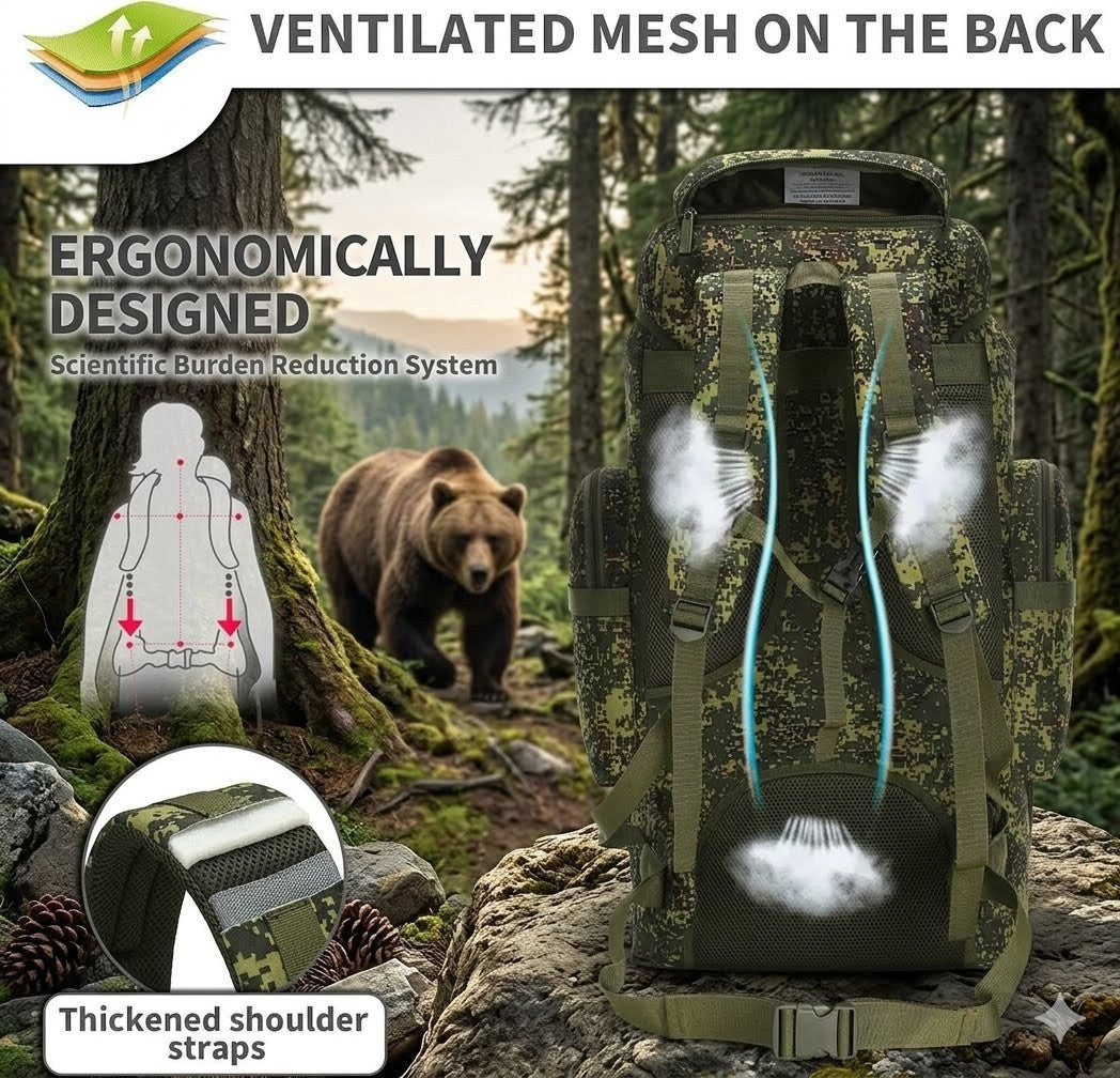 Camouflage backpack with ventilated mesh on the back, thick shoulder straps, and ergonomic design features in a forest setting.