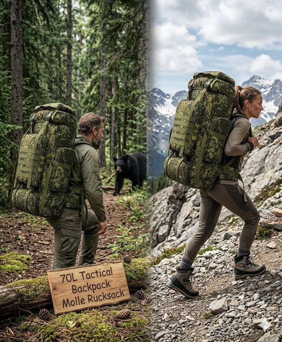 Two people hiking in a forest with large green backpacks, mountains in the background.