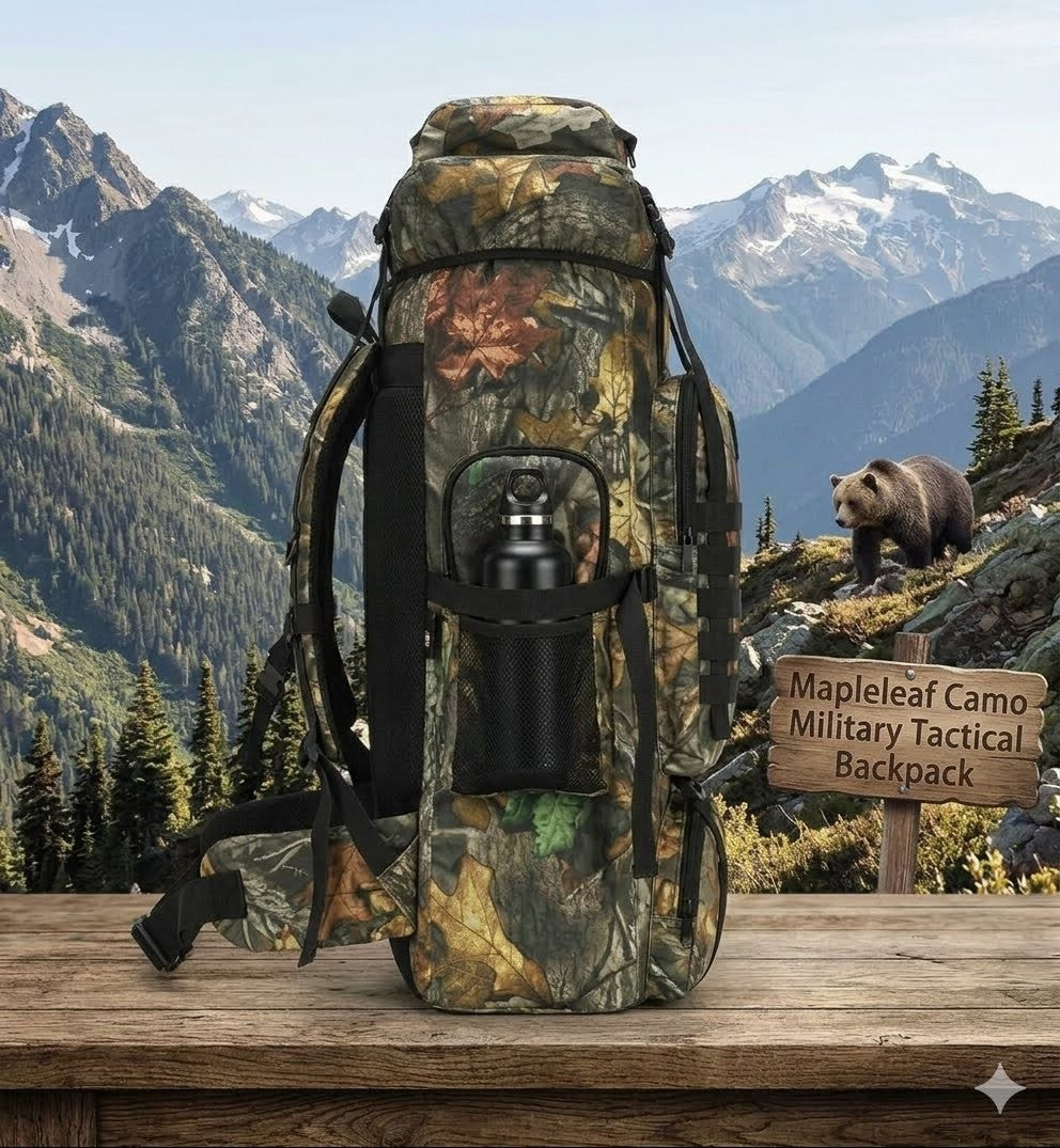 Camouflage backpack with bear and mountain background