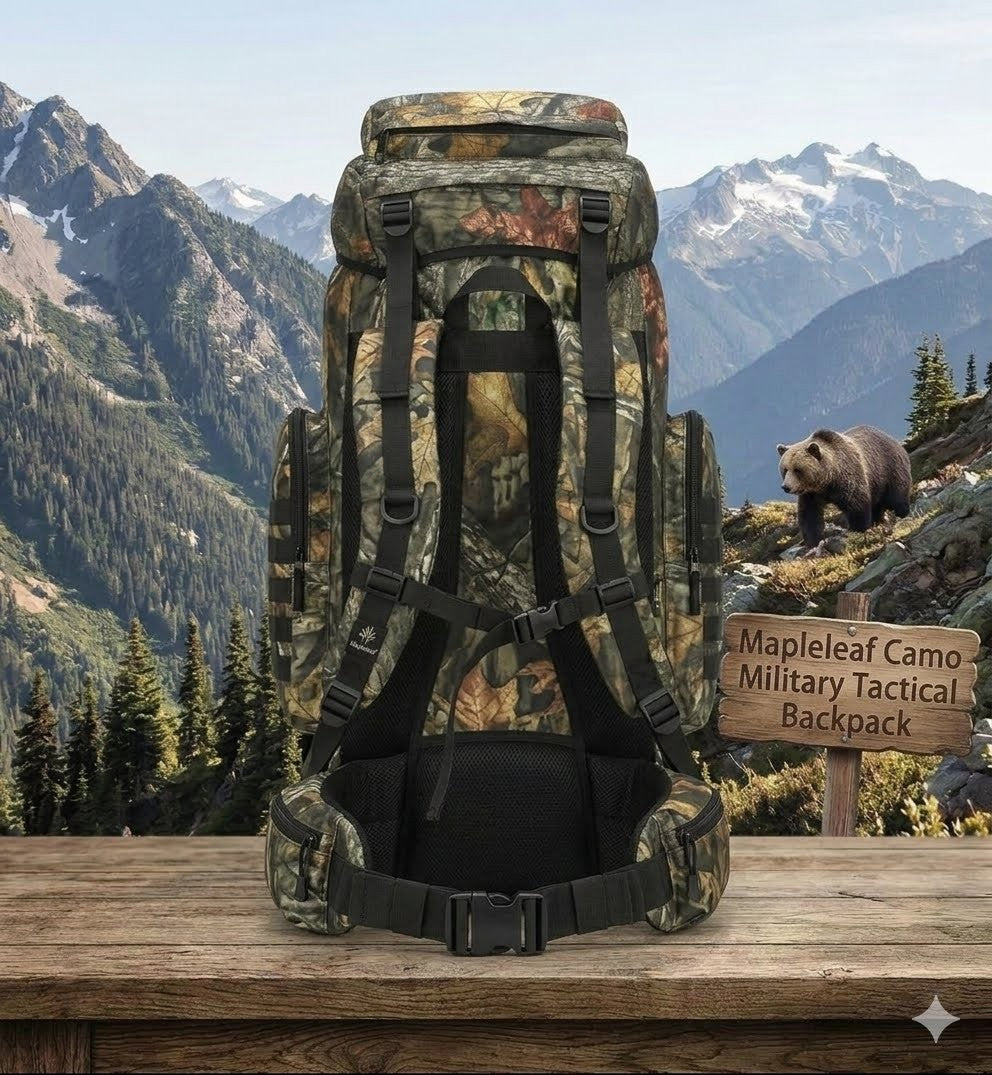 Camouflage military tactical backpack with a bear and mountain background