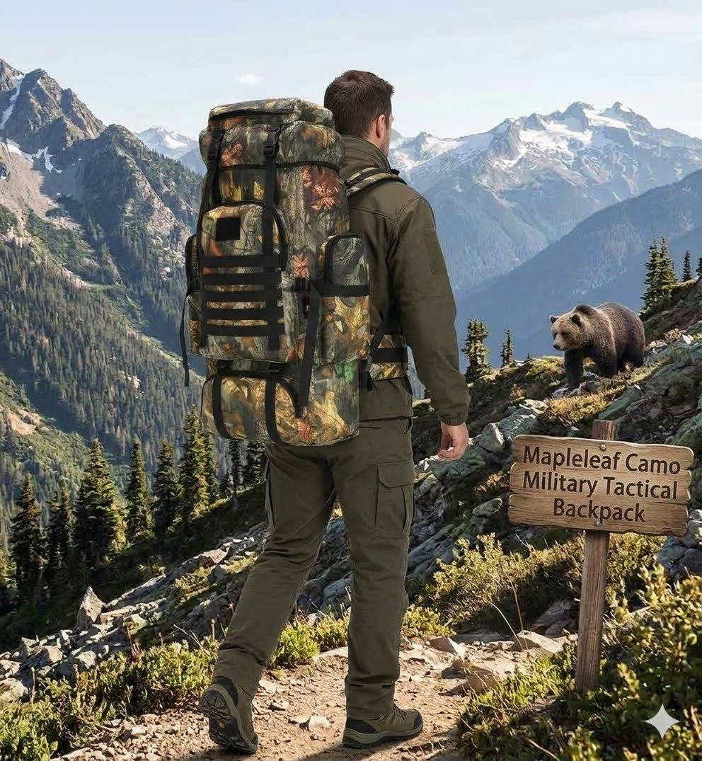 Person with a camouflage backpack walking on a mountain trail with a bear and sign in the background.