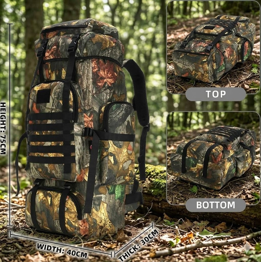 Camouflage backpack with measurements and additional views in a forest setting