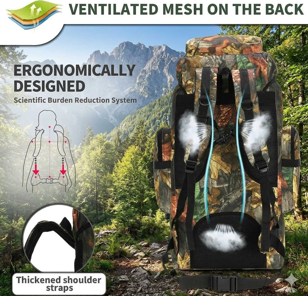 Camouflage backpack with scientific burden reduction system illustration in a mountainous forest setting.