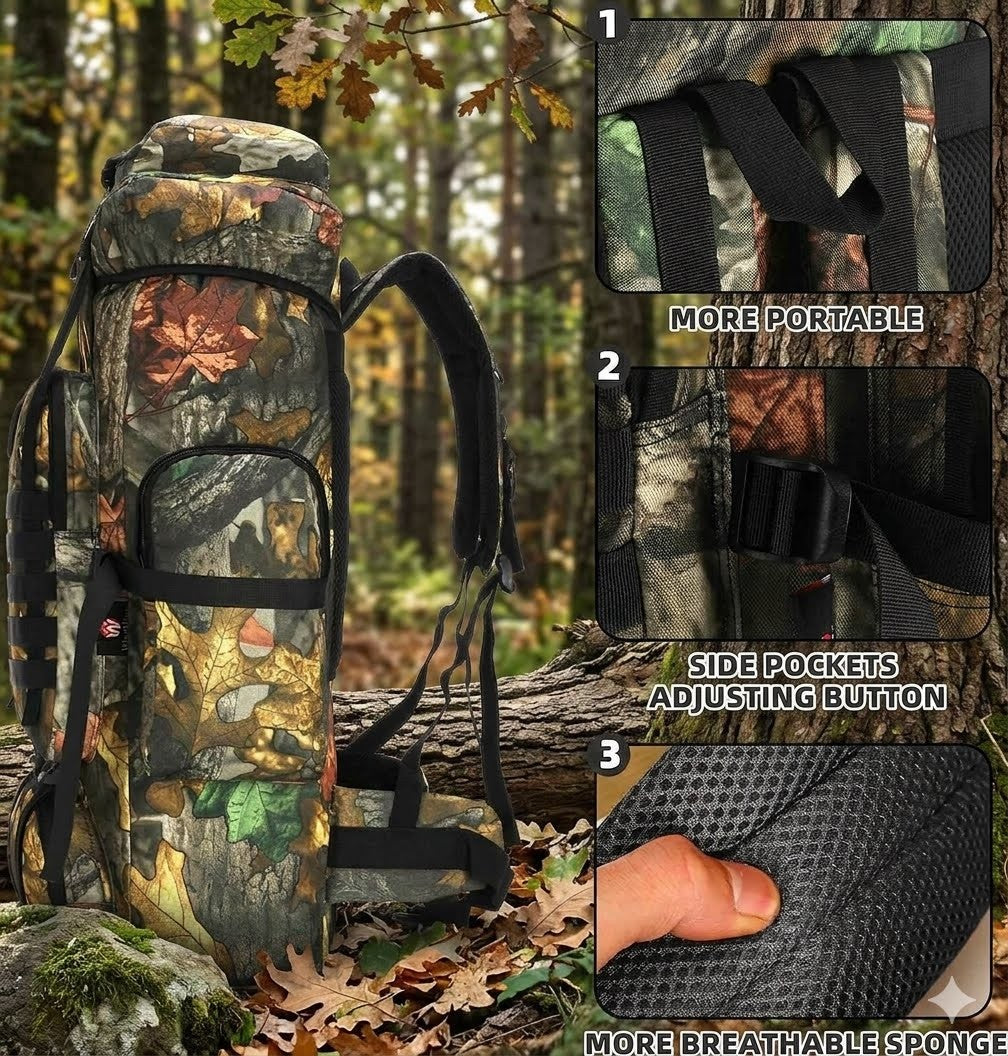 Camouflage backpack with features highlighted in a forest setting