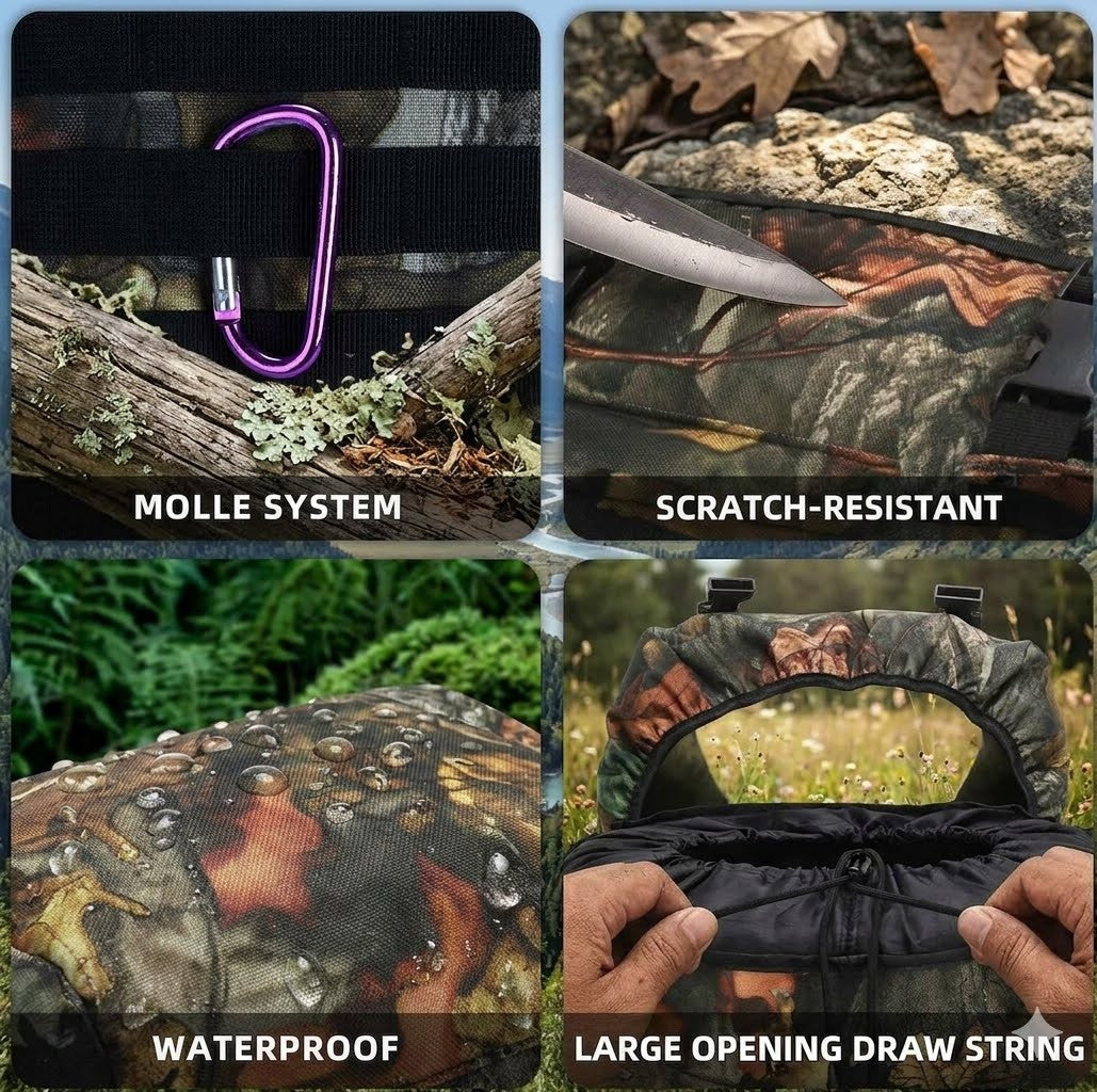 Collage of a camouflage bag with features highlighted on a natural background.