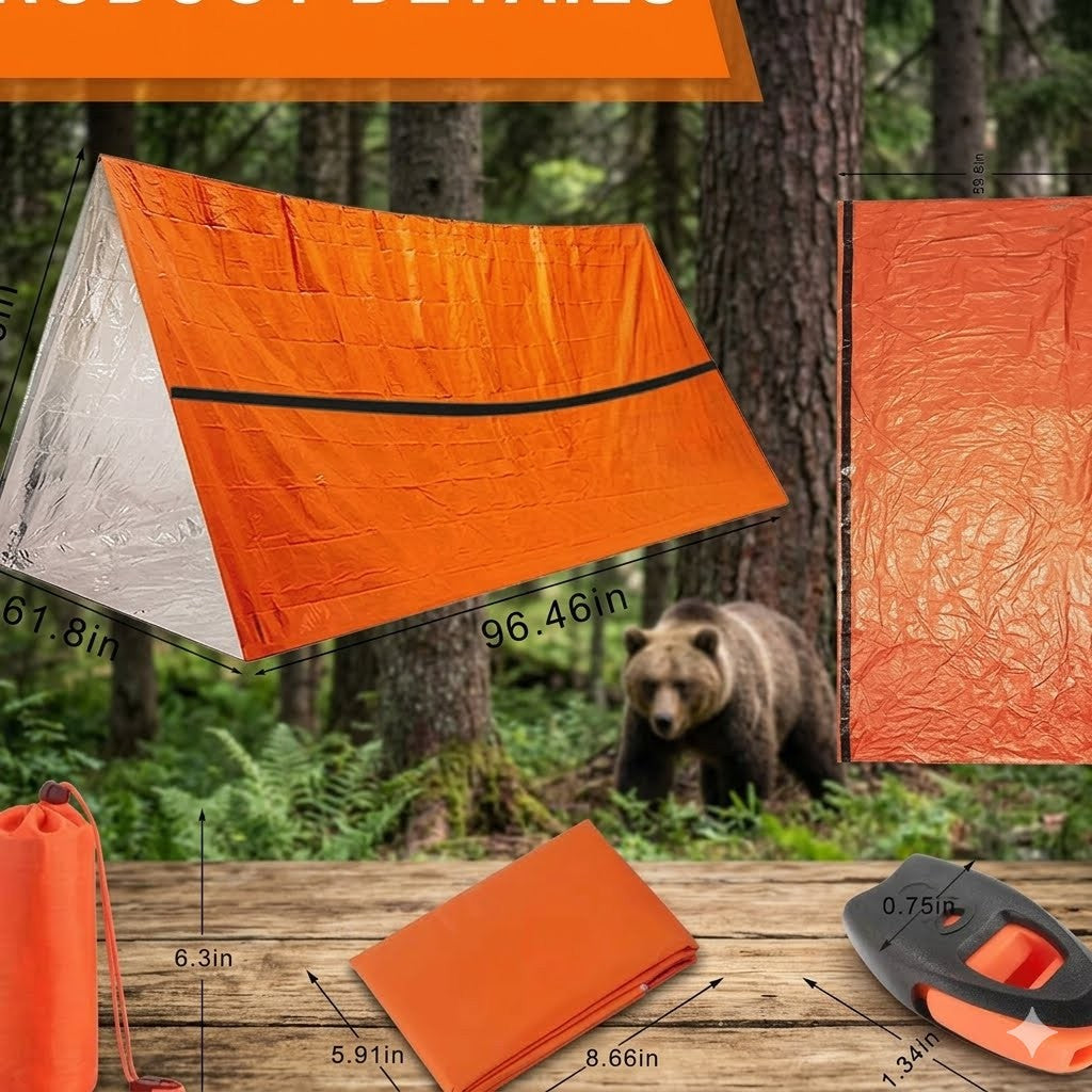 Orange tarp with bear in forest, showing dimensions and features on a wooden surface.