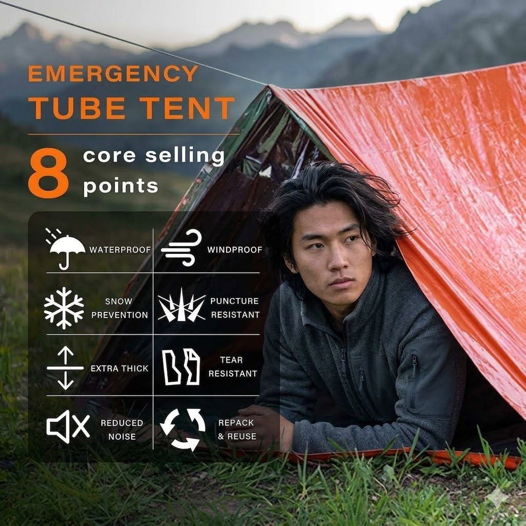 Person lying inside an emergency tube tent with mountain backdrop and feature list on screen.