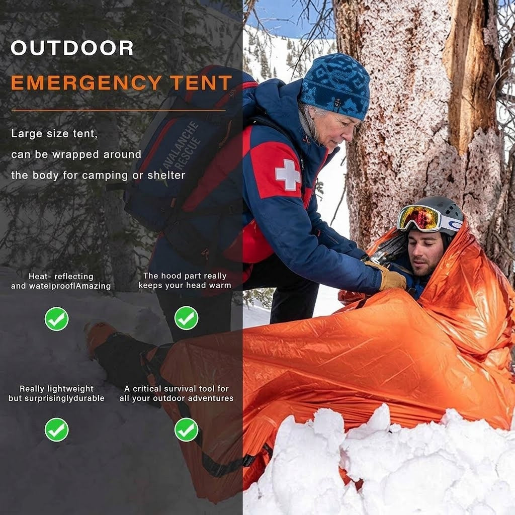 Person using an emergency tent in a snowy outdoor setting with text highlighting features.