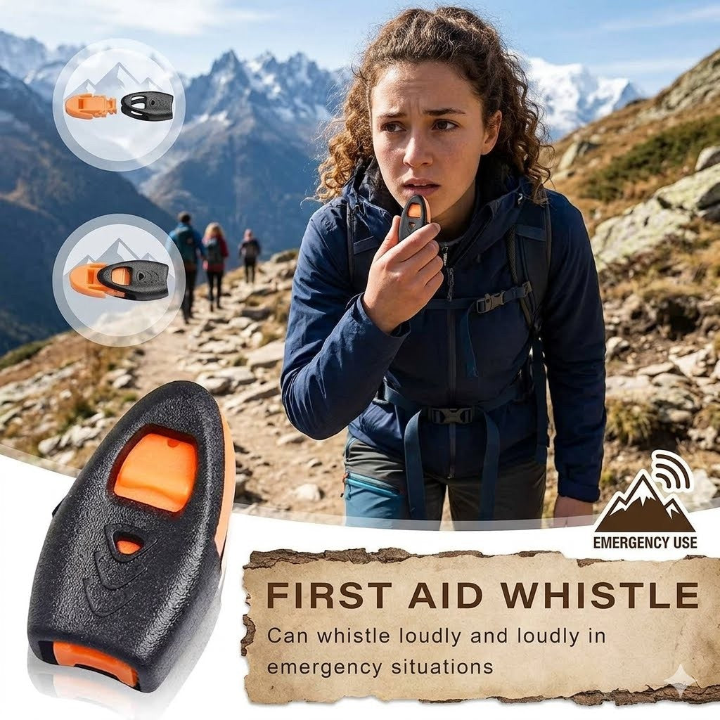 Person on a mountain using a whistle with product details and emergency use label.