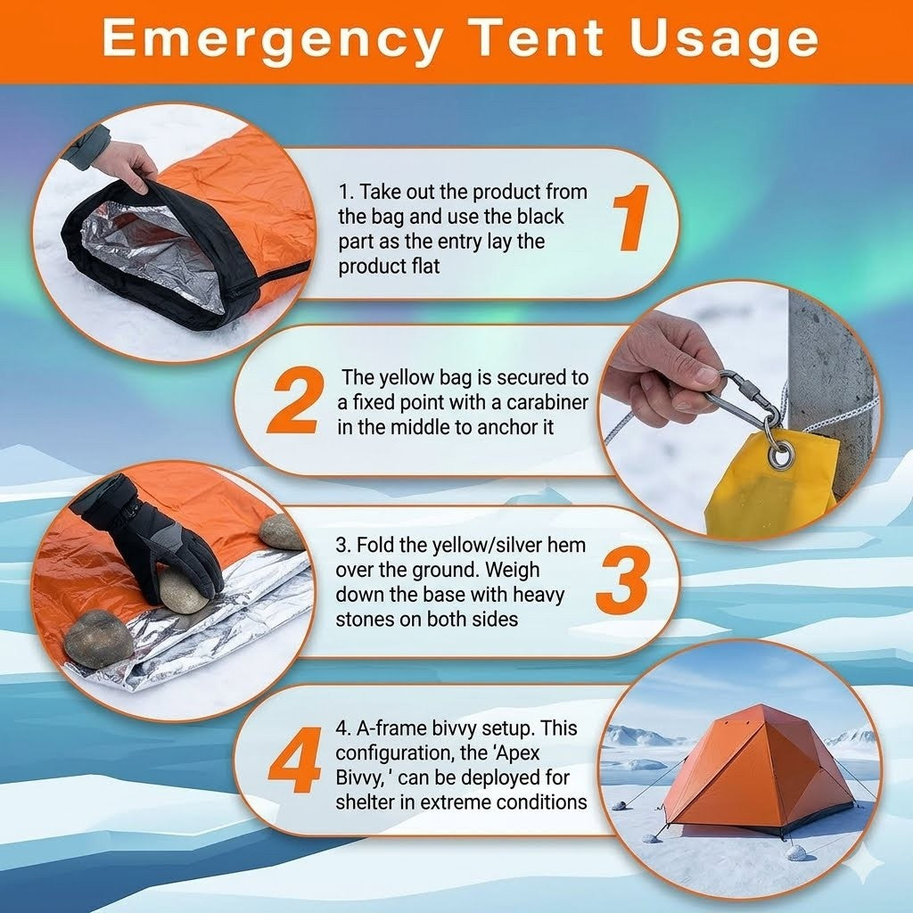 Step-by-step guide on how to use an emergency tent with visual illustrations and text.