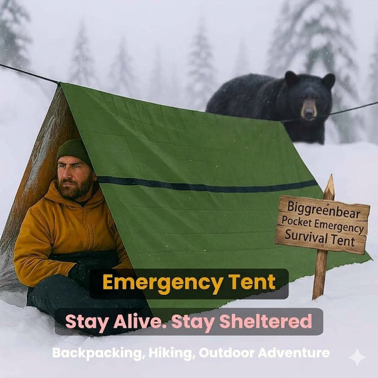Person in an emergency tent with a bear in the background, promotional image for Biggreenbear emergency survival tent.
