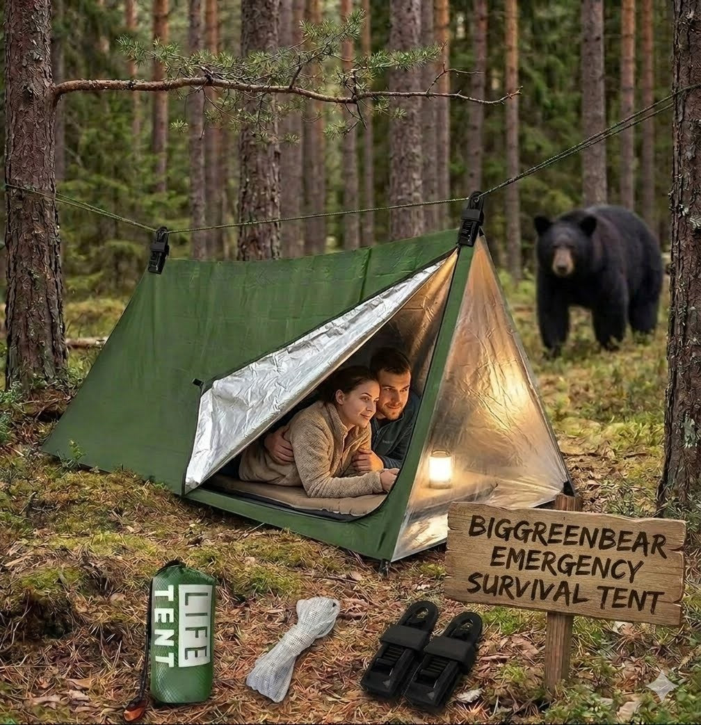 Two people inside a green emergency survival tent in a forest with a bear in the background.
