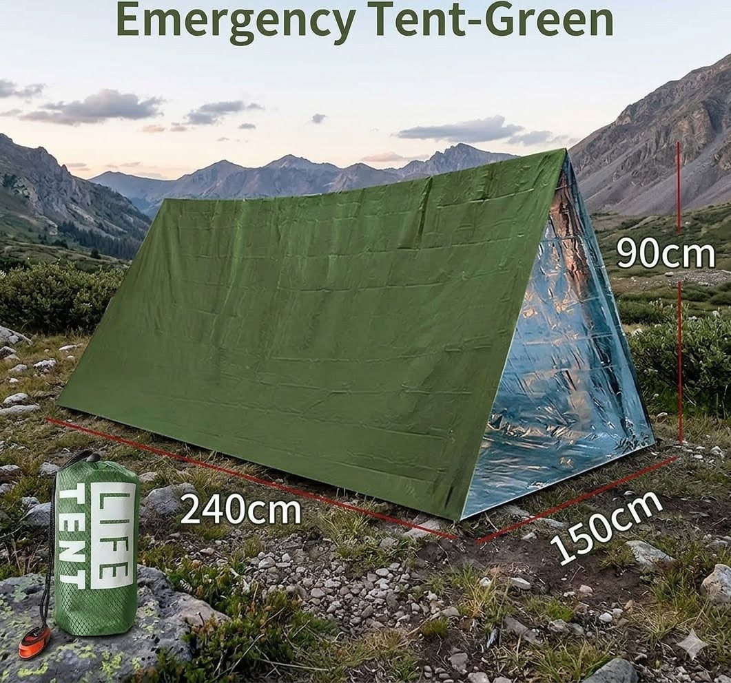 Green emergency tent with dimensions in a mountainous landscape, featuring the brand 'LIFE TENT'.