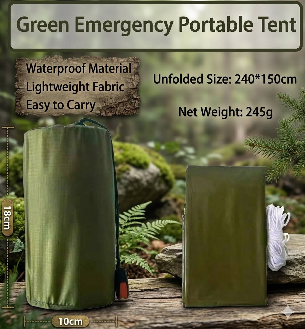 Green emergency portable tent with specifications on a natural background