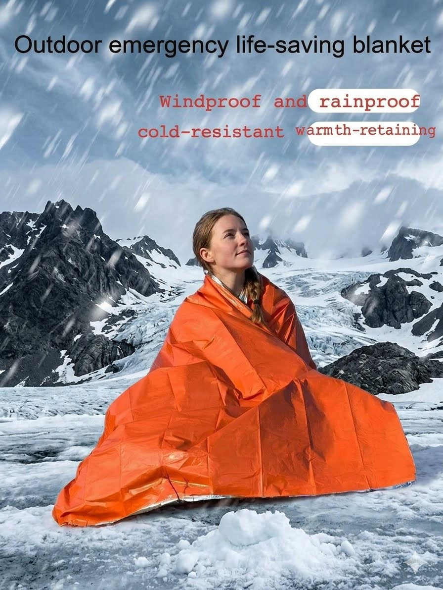 Person wrapped in an orange emergency life-saving blanket in a snowy mountain landscape.
