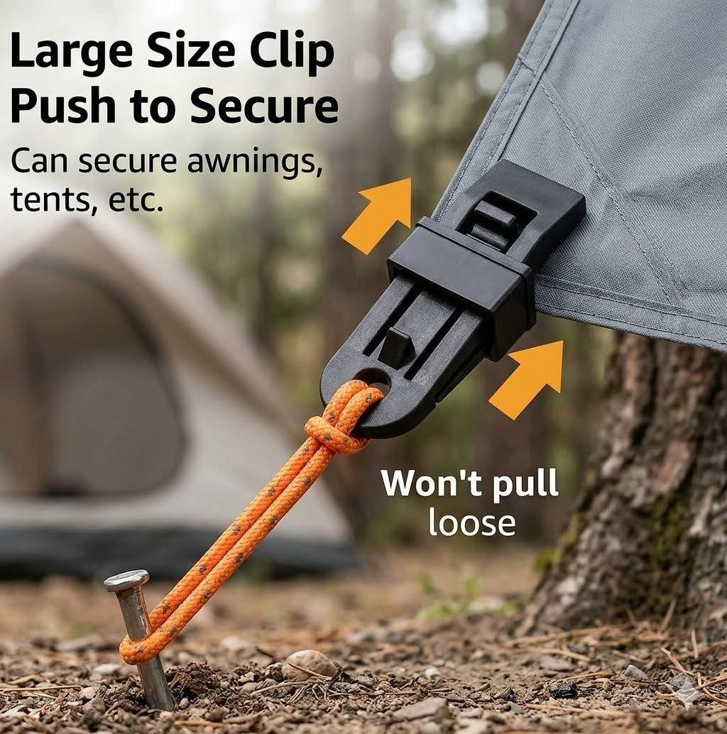 Camping clip securing an awning with text on its use and features.