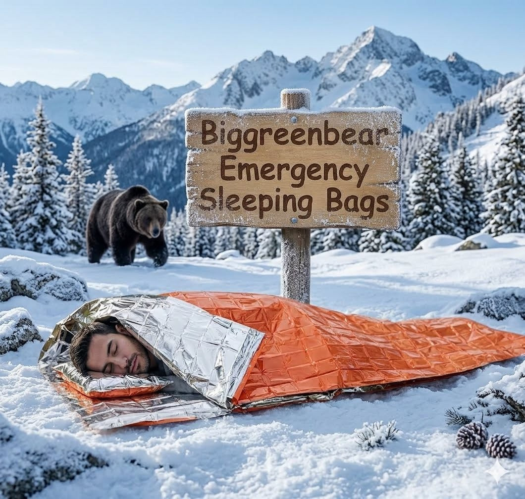 Person using Biggreenbear Emergency Sleeping Bags in a snowy mountain setting with a bear in the background.