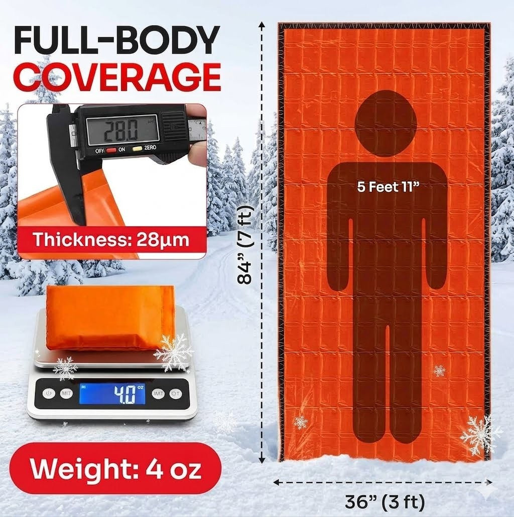 Orange full-body cover with measurements and weight display on a snowy background