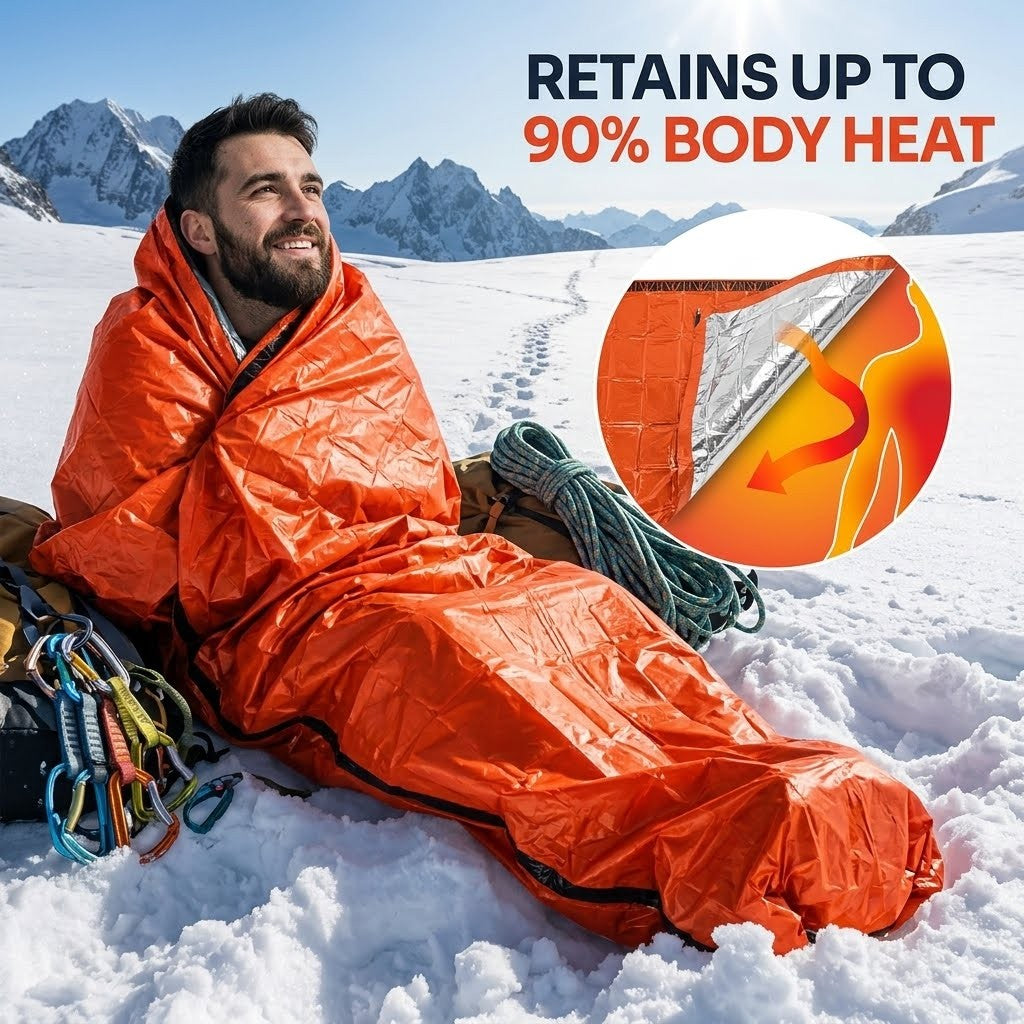 Person wrapped in an orange sleeping bag in a snowy landscape with text about retaining body heat.
