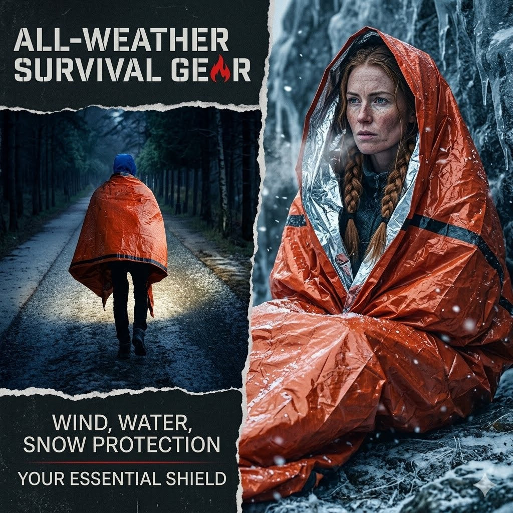 Person wrapped in an orange survival blanket with text about all-weather survival gear.