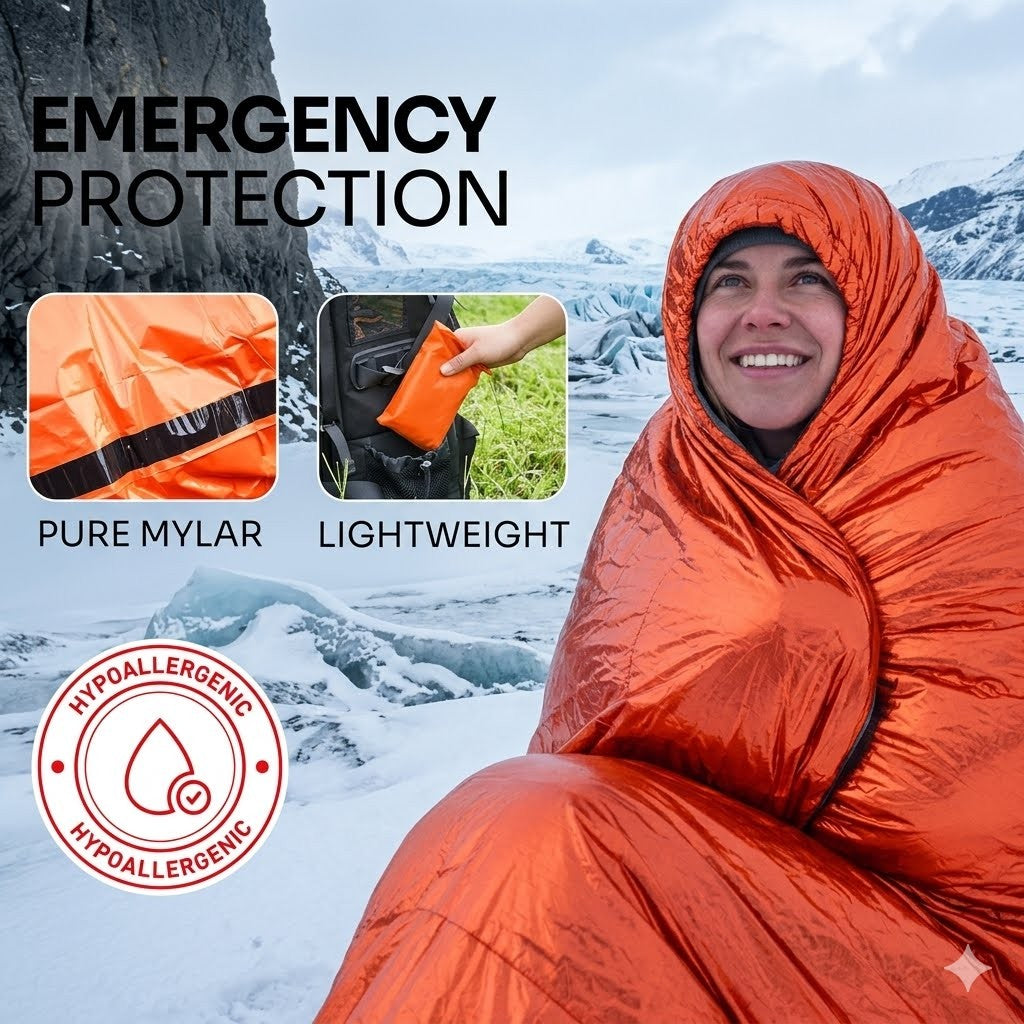 Person wrapped in an orange mylar emergency blanket with mountainous background
