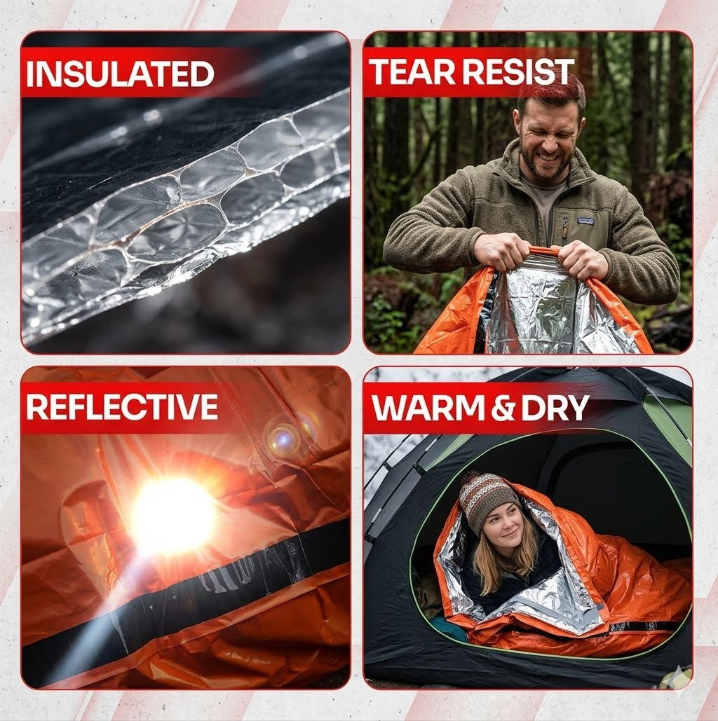 Product features including insulation, tear resistance, reflectivity, and warmth on a white background.