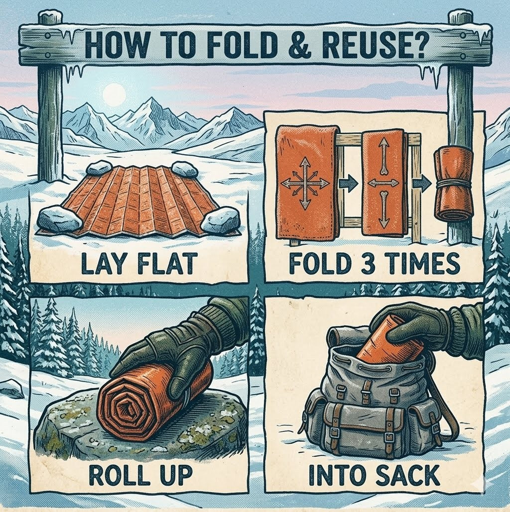 Instructions on how to fold and reuse a piece of leather in a snowy landscape setting.