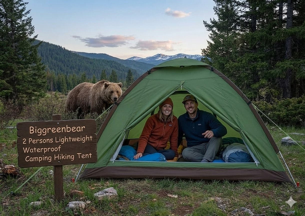 Two people inside a green camping tent with a bear and mountainous landscape in the background.