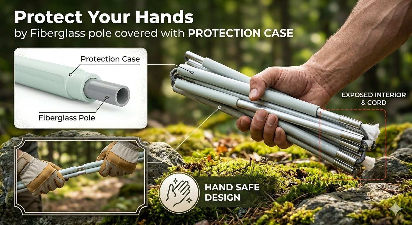Hand holding a set of fiberglass poles with a protection case, set against a natural background.