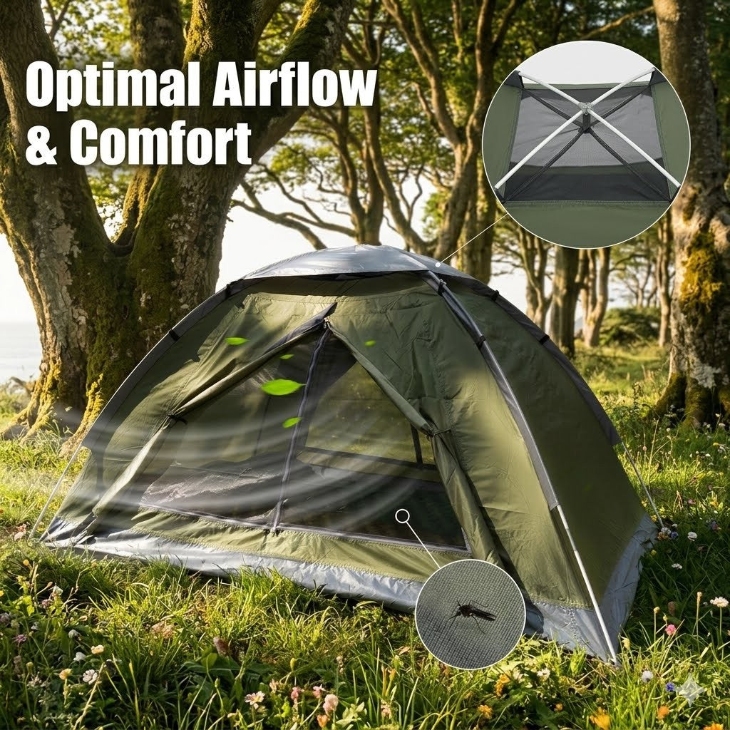 Green camping tent with optimal airflow and comfort features in a forest setting