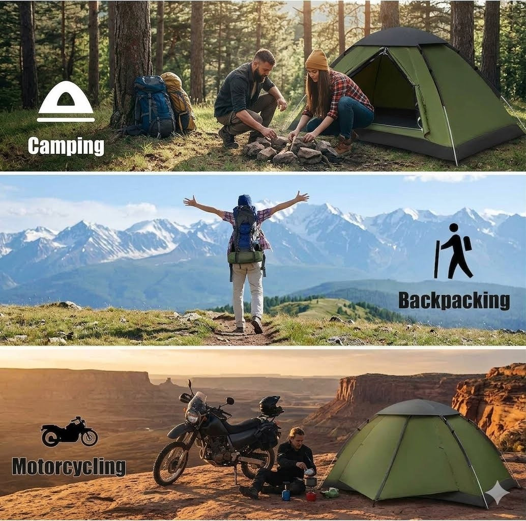 Three scenes of outdoor activities: camping, backpacking, and motorcycling, with people and tents in nature settings.
